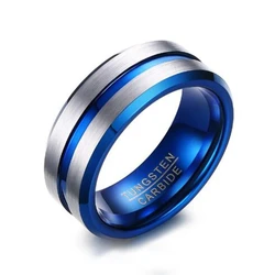 Tigrade Tungsten Carbide Unisex Silver Ring with Blue Carbon Fiber Groove - 8 (Blue Line)