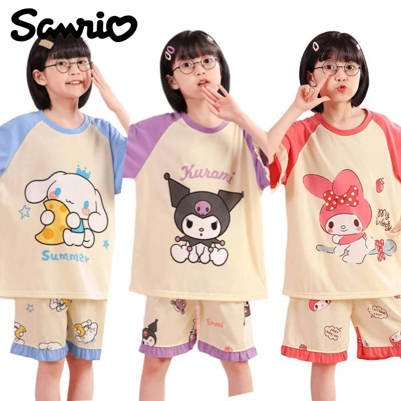 

Summer Anime Kawaii Sanrios Kuromi Cinnamoroll My Melody Combed Cotton Children's Pajamas Set Girls' Parent-Child Home Clothes