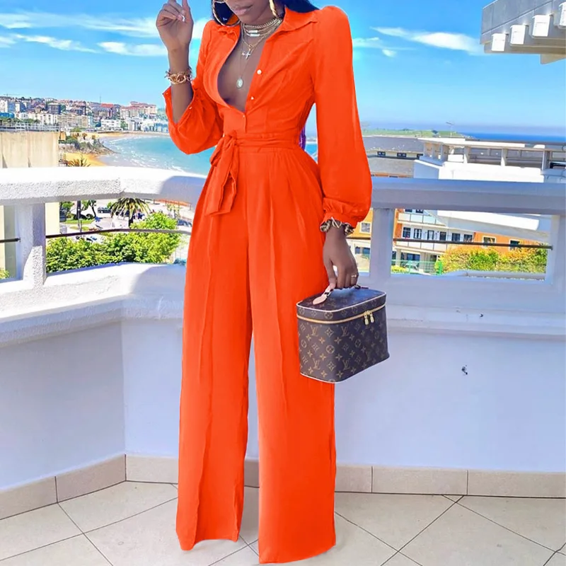 Women Long Sleeve Turn Down Collar Belt Wide Leg Jumpsuits 2021 Chic Solid Regular Shirt Oversize Jumpsuits Streetwear