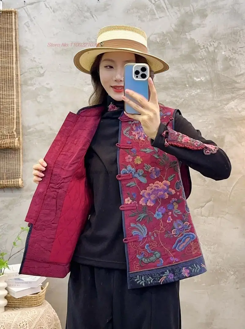 

2024 chinese vintage gilet national flower embroidery jacquard vest tang suit cotton-padded sleeveless jacket waistcoat vest