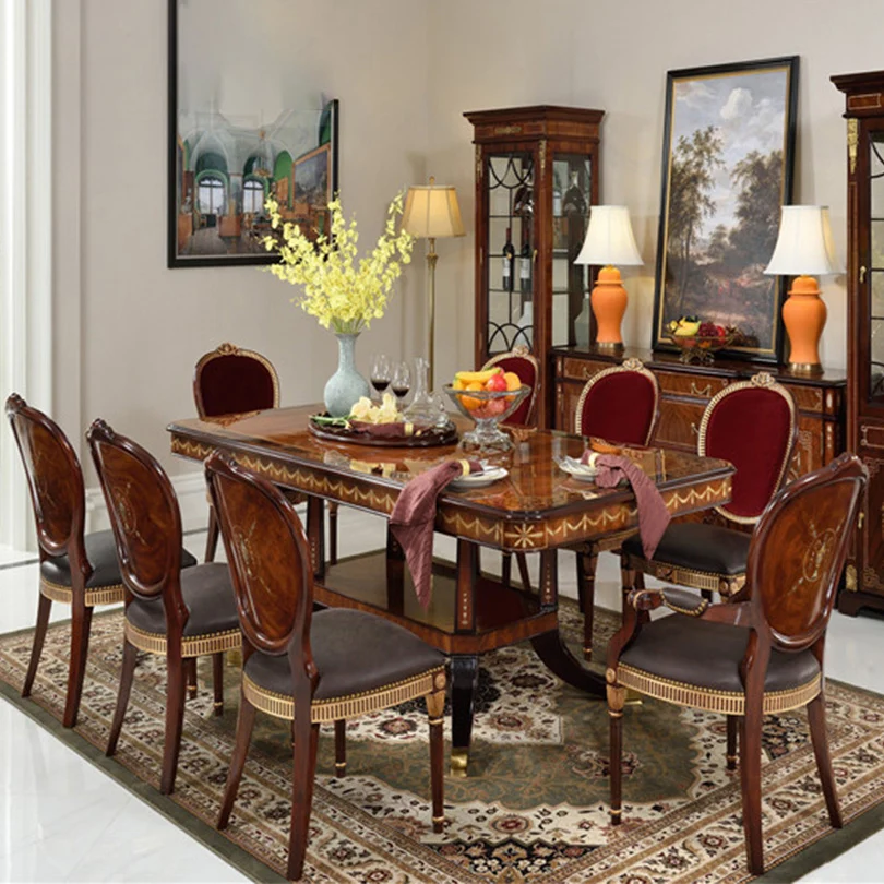 

Customized British Villa Restaurant Furniture European and American Style Solid Wood Rectangular Dining Tables and Chairs