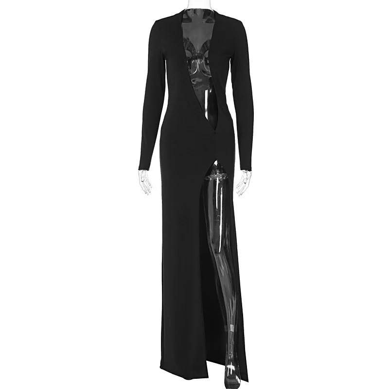 Black V-Neck Hollow Out Maxi Dress Women's Sexy Slim High Split Long Sleeve Party Dress Fashion See-Through Long Dress New