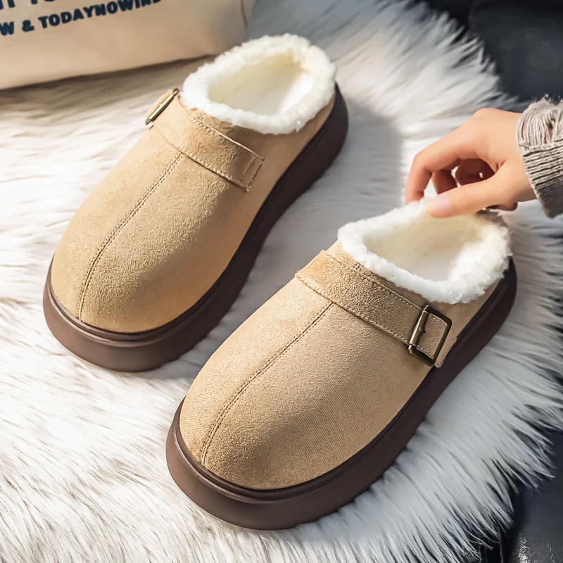 Baotou Cotton Mop Winter Warm Fur Slippers New Round Toe Deep Mouth Suede Plus Wool Platform Slip-proof  Snow Boots Plus Size