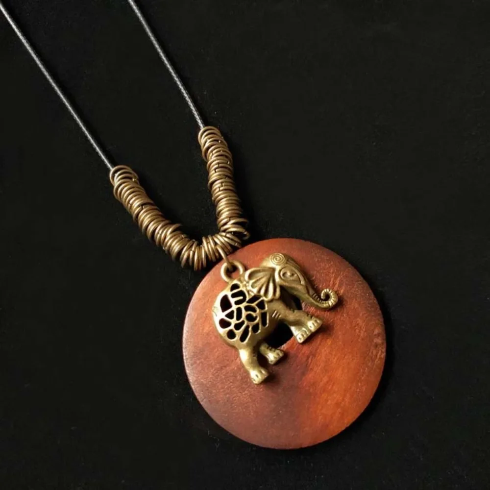 Vintage Wooden Owl Pendant Necklace - Ethnic Long Chain Jewelry
