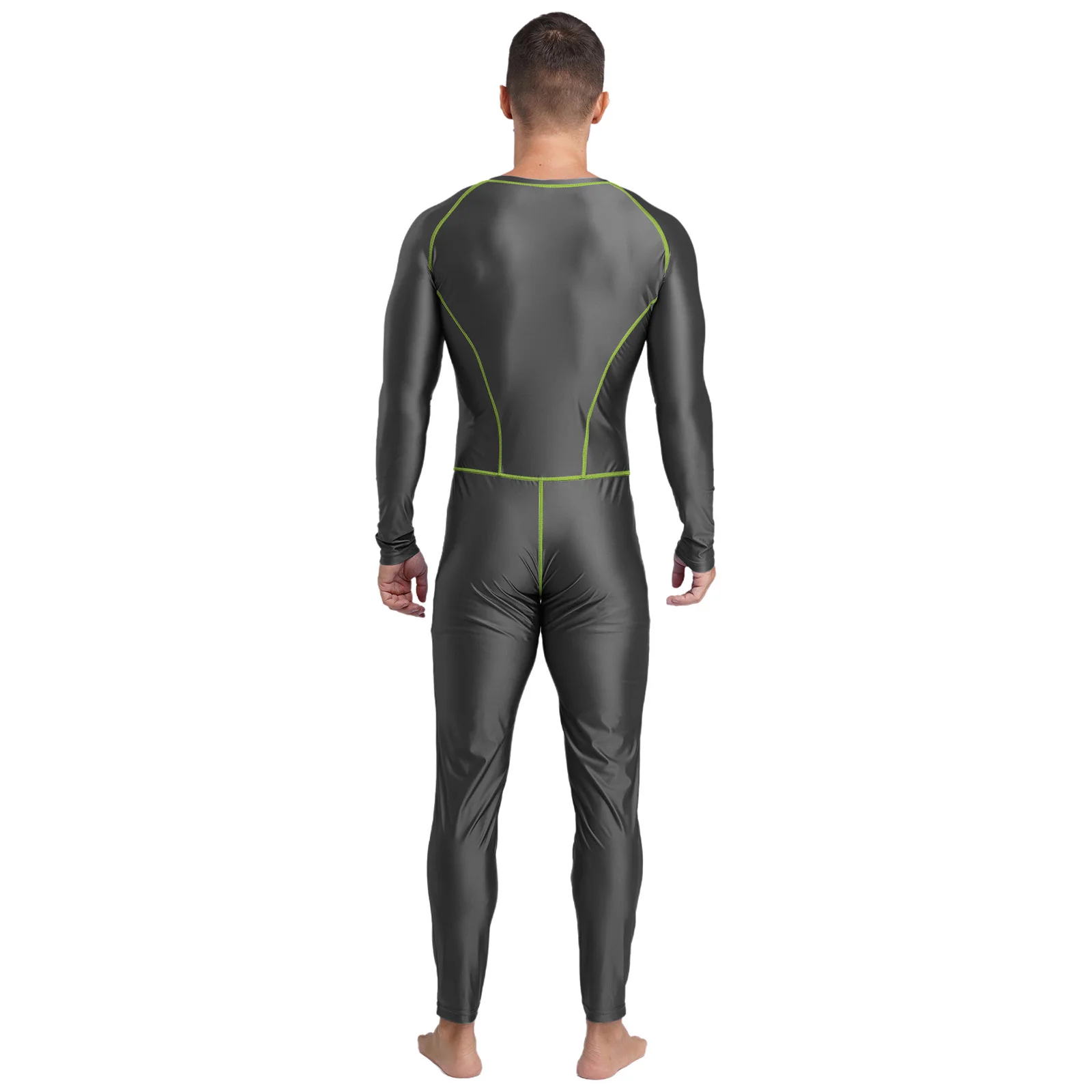 Erwachsene für Männer, Ganzkörper-Overall, Badeanzug, äußere flache Nähte, Reißverschluss vorne, glänzend, schmal, lange Hosen, Kompressions-Strampler, Yoga-Body – Detail 7