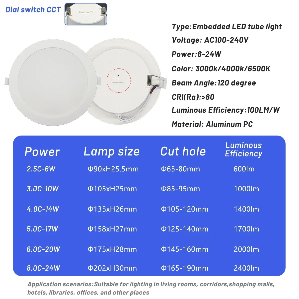 Recessed Round LED Downlight 2-10pcs 100-240V Dial Swich CCT 3000K/4000K/6500K Panel Light Ceiling Light 20W 24W Indoor Lighting