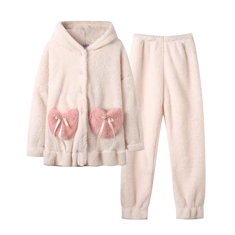 Sweet Lovely Pajamas Set Thick Warm Coral Fleece Homewear Winter Flannel Lounge Soft Plush Sleepwear Women Home Suit Pijama