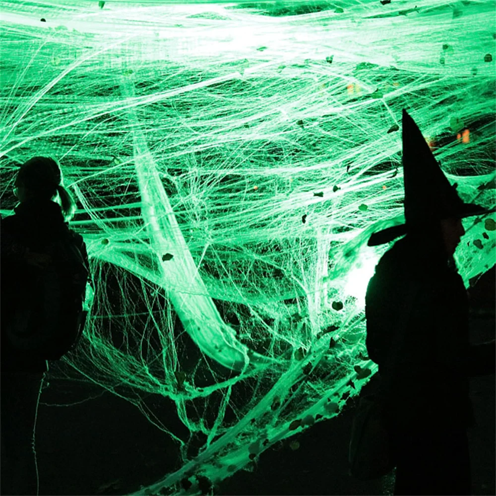 Halloween künstliches Spinnennetz weiß dehnbares Spinnennetz im Dunkeln leuchten Halloween gruselige Party Szene Requisiten Indoor Outdoor Dekor