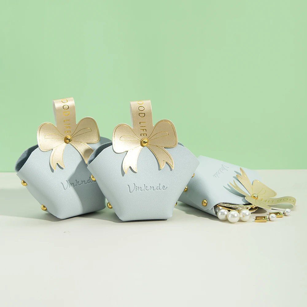 Light Blue 14x9x6cm Leather Jewelry Handbag With Gold Bowknot Wedding Favors Gift Candy Basket Bag Portable Travel Storage Pouch
