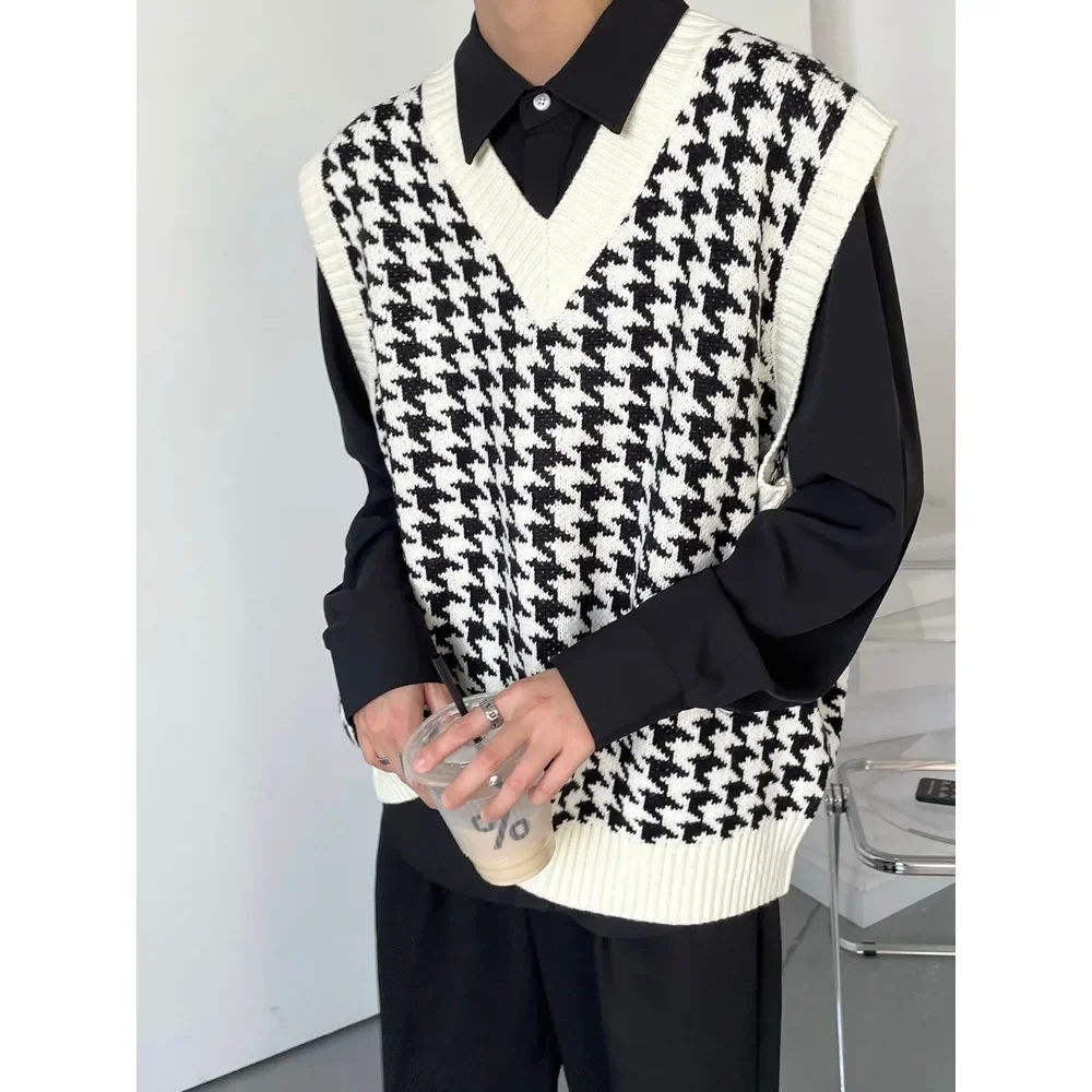 Vneck Sweater Houndstooth Oversized Sweater Vest Autumn Men