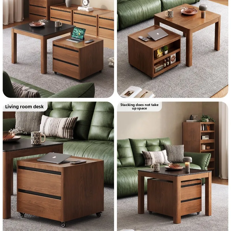 Tavolo quadrato moderno compatto multifunzionale in legno massello Armadietto laterale vintage Mobili minimalisti con supporto alto - immagine 2