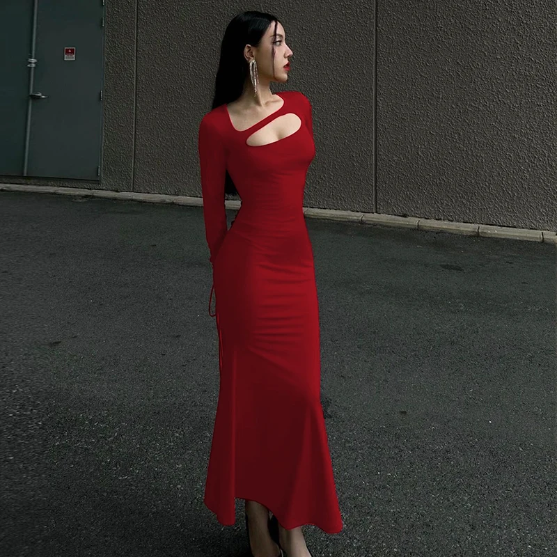 

Элегантное облегающее платье Lygens с длинным рукавом и открытой спиной, однотонное вечернее женское платье, Оптовая продажа, Корейская одежда