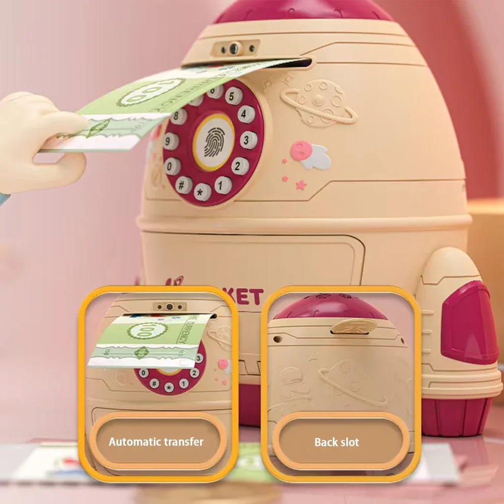Cute Children Piggy Bank Space Rocket With Projection Music LED Cash Box Plastic Electronic Password Coin Money Box Kid Gift Toy