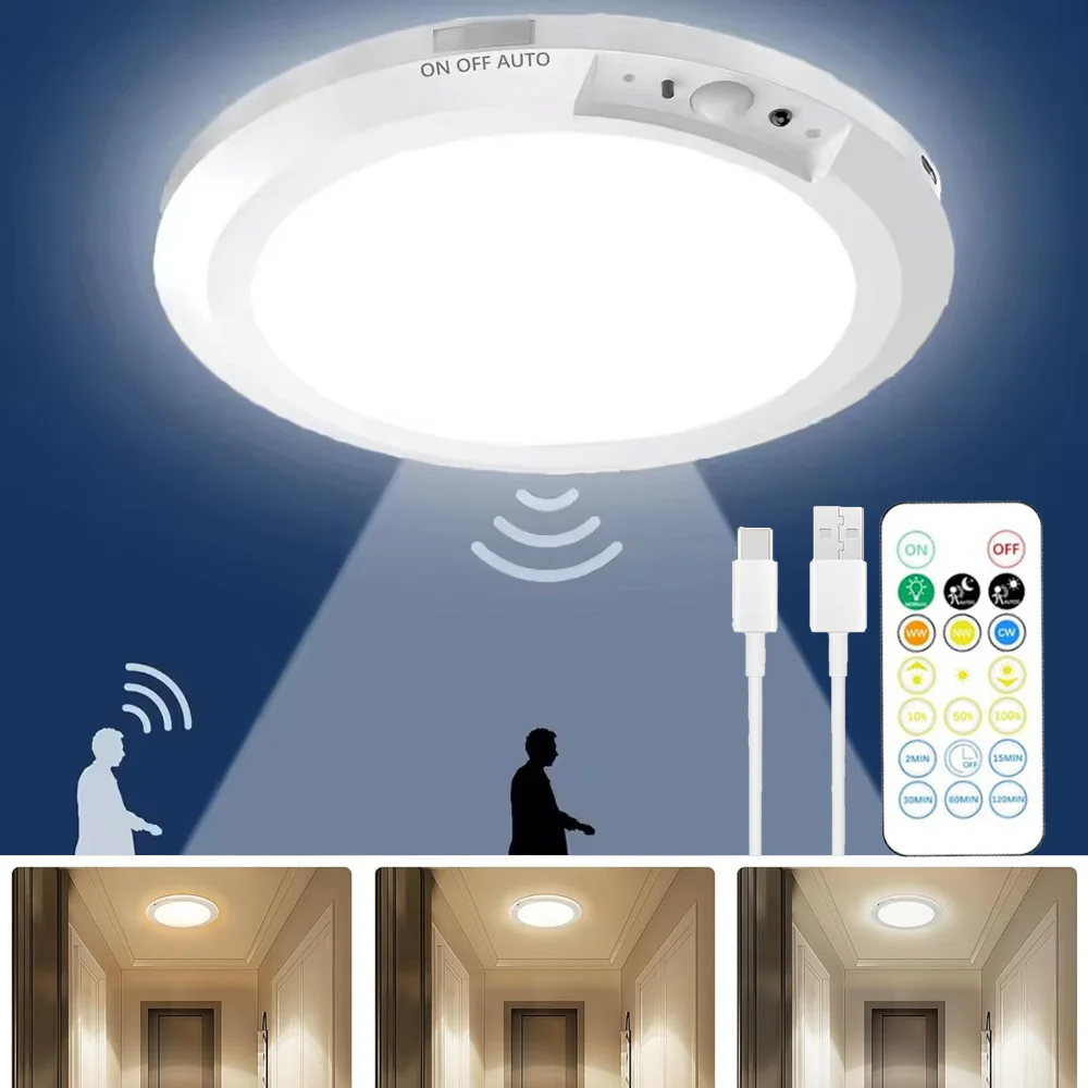 Rechargeable Wireless LED Ceiling Light with Motion Sensor and Remote Control
