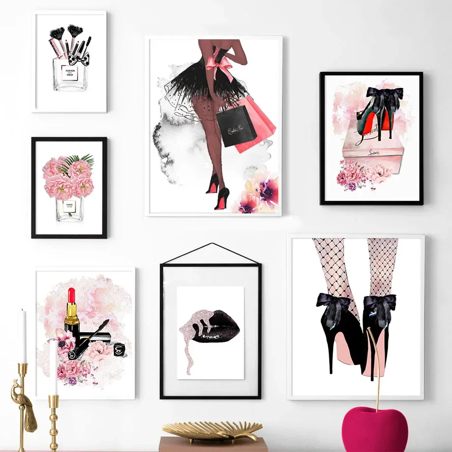 

Fashion Girl Lipstick Makeup High Heels Wall Art Canvas Painting Nordic Posters And Prints Wall Pictures For Living Room Decor
