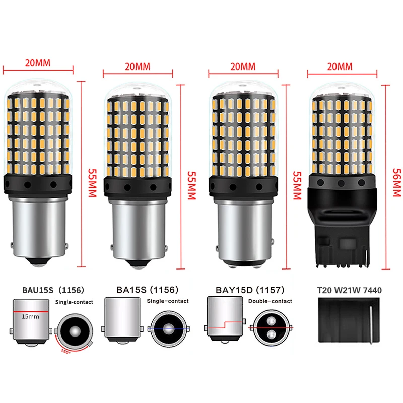 2PCS 1156 BA15S P21W BAU15S PY21W 7440 W21W P21/5W 1157 BAY15D 7443 3157 LED Bulbs 144smd CanBus Lamp Reverse Turn Signal Light