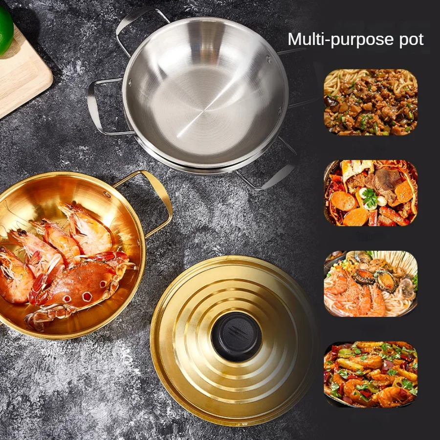 Korean style spiral covered soup pot, stainless steel instant noodle pot, golden hot double ear small pot soup pot milk