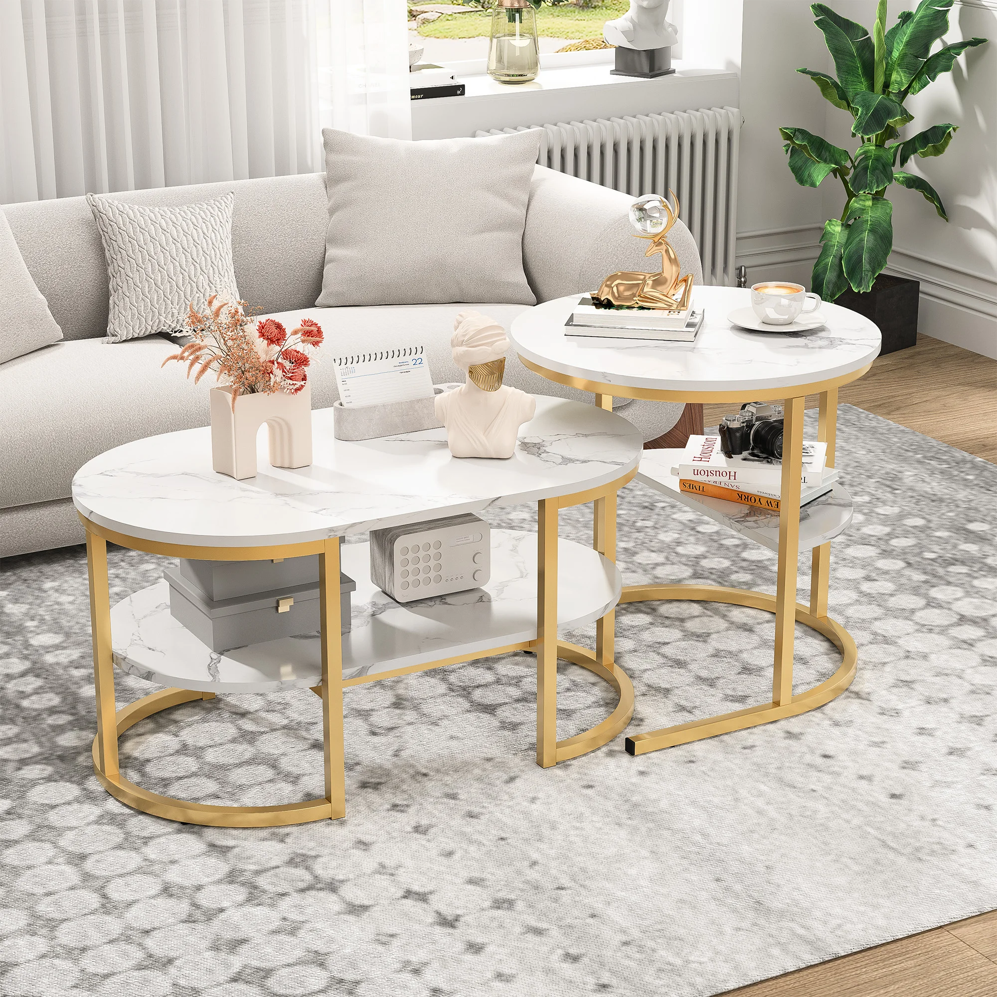 Rosahqnda 2er-Set Couchtische, Wohnzimmer-Beistelltische, Marmor-Look + Metallrahmen, Wohnzimmer-Sofatisch, moderner Couchtisch – Detail 25