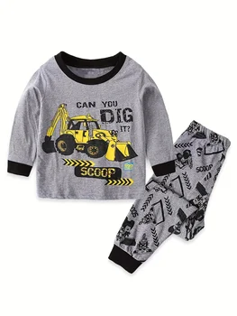 Toddler Girls Cartoon Excavator Print Long Sleeved Cotton Pajamas 2-Piece Set For Baby Girls