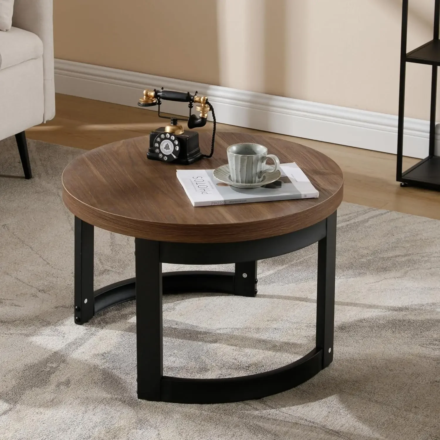 Round Wood Coffee Table 23.5" Farmhouse Rustic Small Circle Living Room Coffee Table, End Table Sofa Side Table, Brown Walnut 3