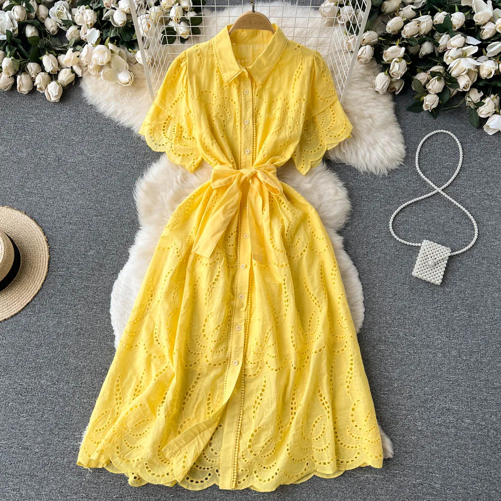 

UETEEY Summer New Lapel Puff Sleeve Mid-Length Shirt Dress With Hollow Embroidery French Retro Party Beach Skirt