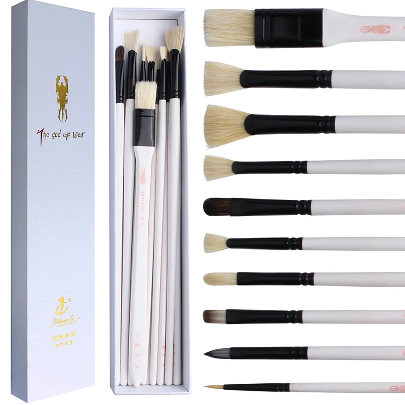 

10 pcs Multifunction professional paint brushes set pig bristle hair design oil acrylic watercolor art supplies white rod