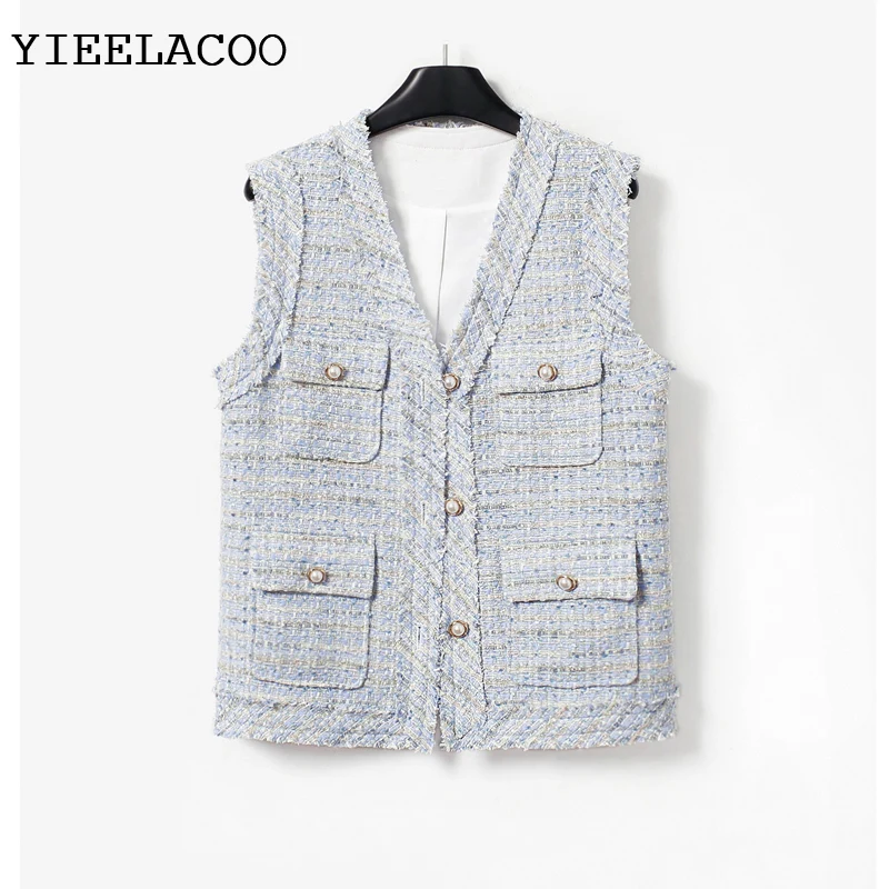 

Light Blue Women's Tweed Jacket Coat Sleeveless Ladies Spring /Autumn /Winter Classic Jacket Fashion Fragrance Woven Top