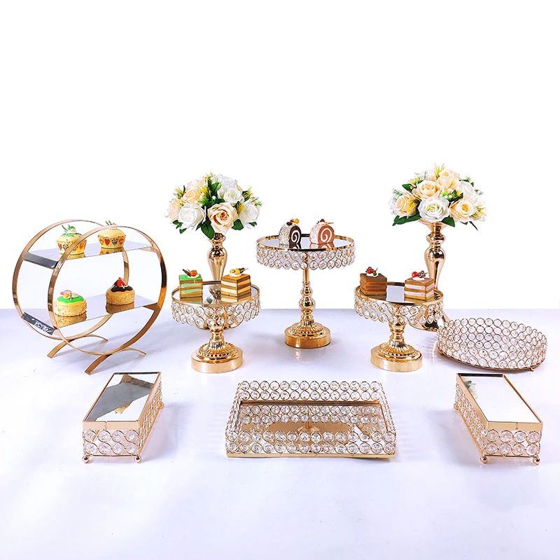 Gold Silver 7-10 Pcs Gold Crystal Metal Wedding Cake Stand Set Rack Holiday Party DisplayTray Cupcake Plate