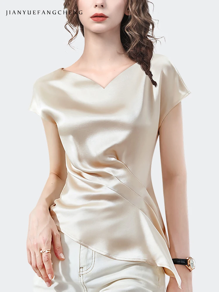 Blusa de satén sedoso para mujer, camisa de manga corta con escote