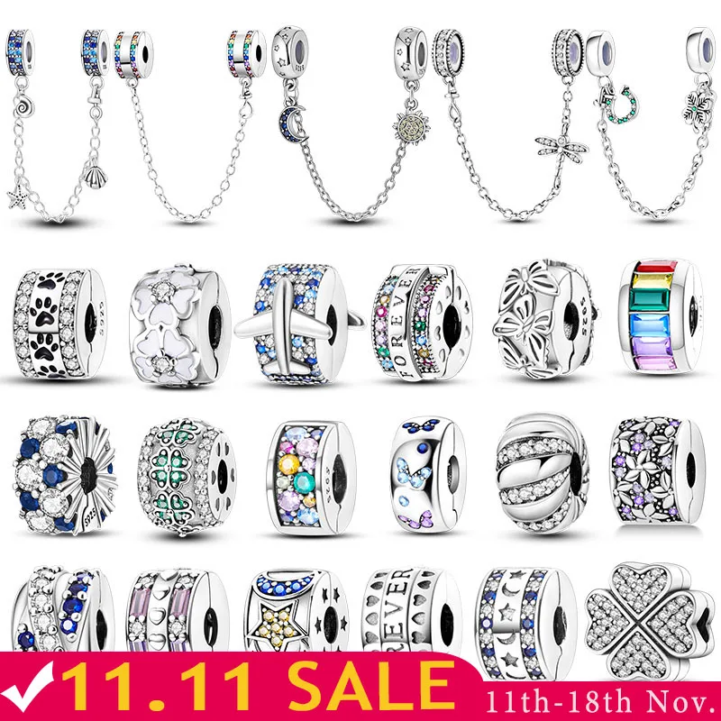 Charm Jewelry 925 Silver Charms Clasp Clip CZ Pave Zircon Safety Chain Stopper Beads for Woman