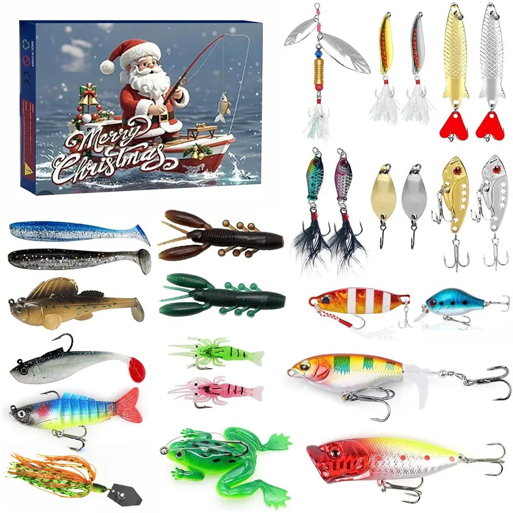 Calendario Dell'Avvento Della Pesca 24 Giorni, Set Esche Con Ami Super Affilati E Occhi 3D, Include Popper, Pencil, Minnow, Crank, VIB, Frog Spoon E Shrimp, Regalo Di Natale Per Pescatori