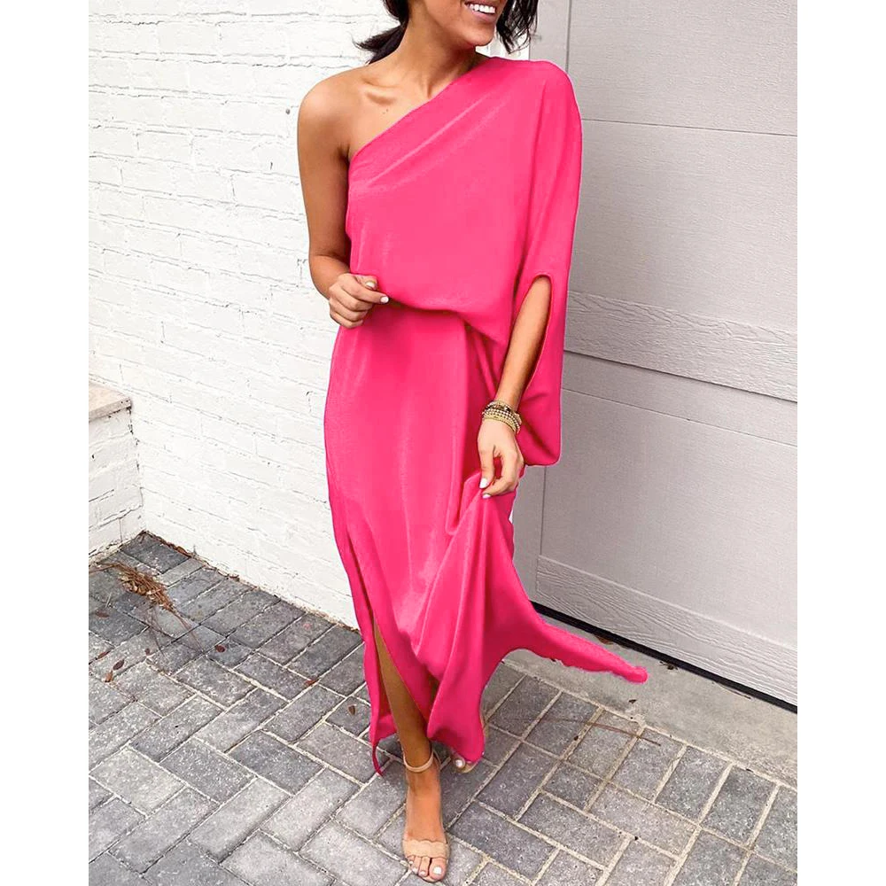 

Fashion Women Plain One Shoulder Slit Dress Summer Holiday Asymmetrical Short Sleeve Floral Dress Fashion Sexy Beach Boho Dress