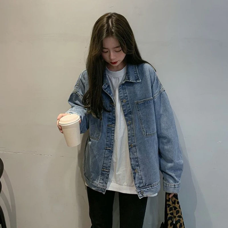 Women's Loose Denim Coat Korean Style Single-Breasted Long Sleeve Jacket Woman 2024 Spring Autumn Vintage Casual Jean Tops Mujer