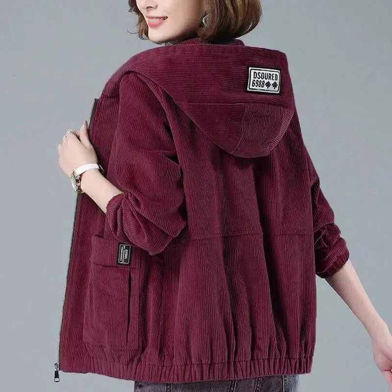 Corduroy Short Coat 4XL Women's 2023 Spring Autumn New Korean Loose Solid Hooded Jacket Fashion Casual Female Zipper Coat Tops