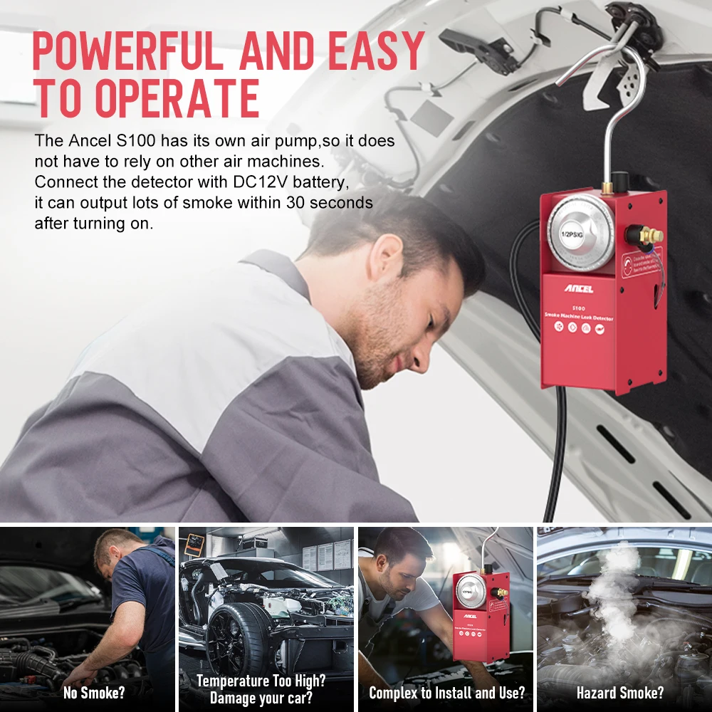 S100 Auto Rauch Leck Detektor EVAP Vakuum Leckage Locator ANCEL DC12V Auto Diagnose Werkzeug Automotive Öl Rohr Rauch Generator – Detail 5
