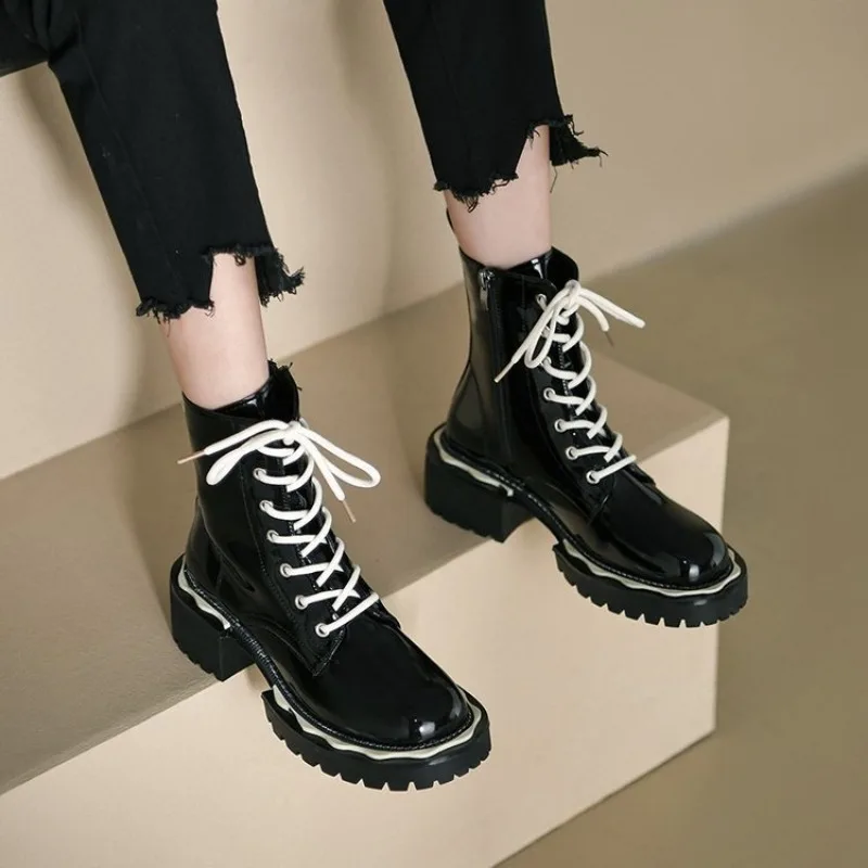 

Женские ботильоны из искусственной кожи на квадратном каблуке, высококачественные зимние однотонные Женские ботинки в стиле панк со шнуровкой и круглым носком на среднем каблуке, Botas De Mujer, 2023