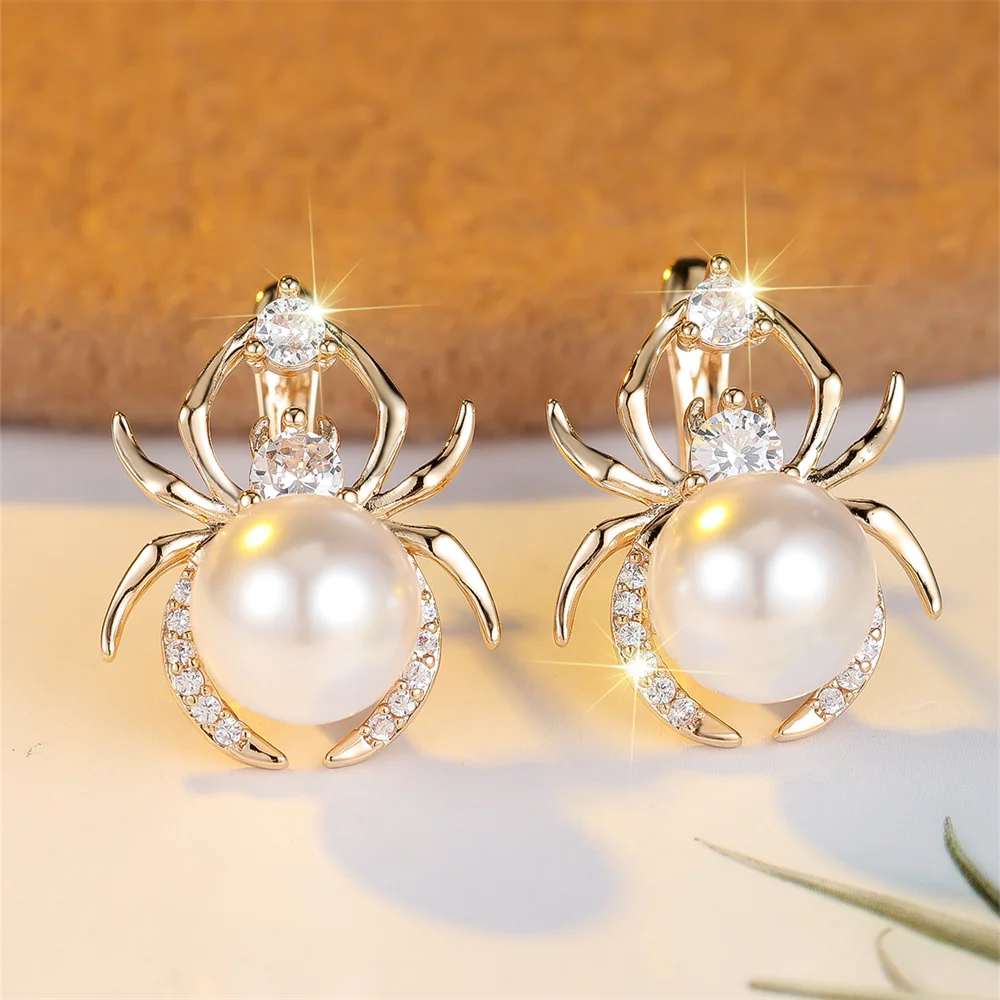 Simulated Pearl White Zircon Spider Hoop Earrings For Women Vintage Gold Color Ear Buckle Wedding Jewelry Halloween Party Gifts