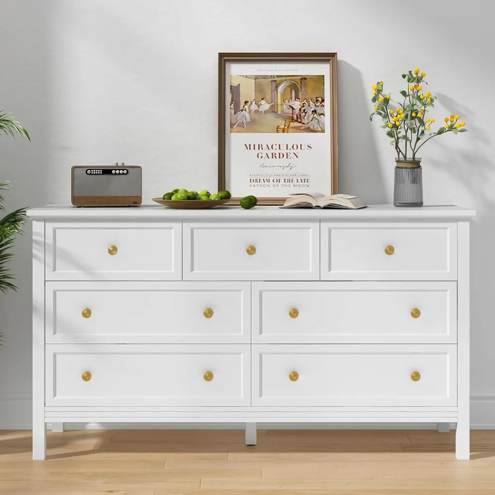 white dresser for bedroom, 7 drawer dresser with wide drawers and gold metal handles, 55" white and gold dresser tv stand, mode