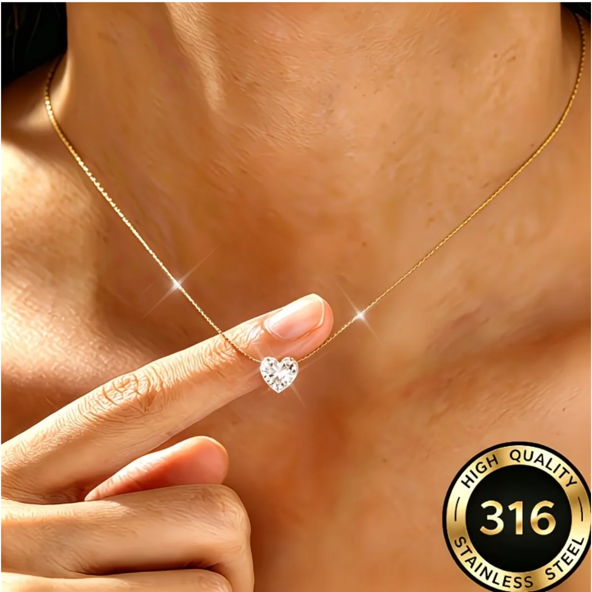 Edelstahl-Herz-Halskette mit klarem Zirkonia-Stein für Damen, vergoldet, zierlich, minimalistisch, glänzend, anlaufgeschützt