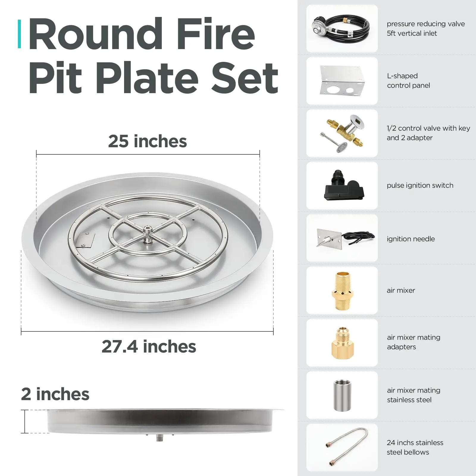 25" Round Stainless Steel Fire Pit Burner, Fire Pit Pan With Spark Ignition Kit, Rated For Up To 150K BTU, For Indoor Or Outdoor