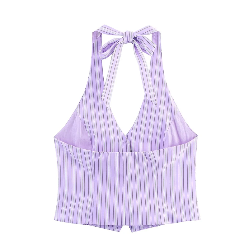 Stripe Halter Top Shorts Sets 2 Pieces Women Sleeveless Backless Vest Tops Casual Shorts Women's Suits Chic Woman Outfits ﻿