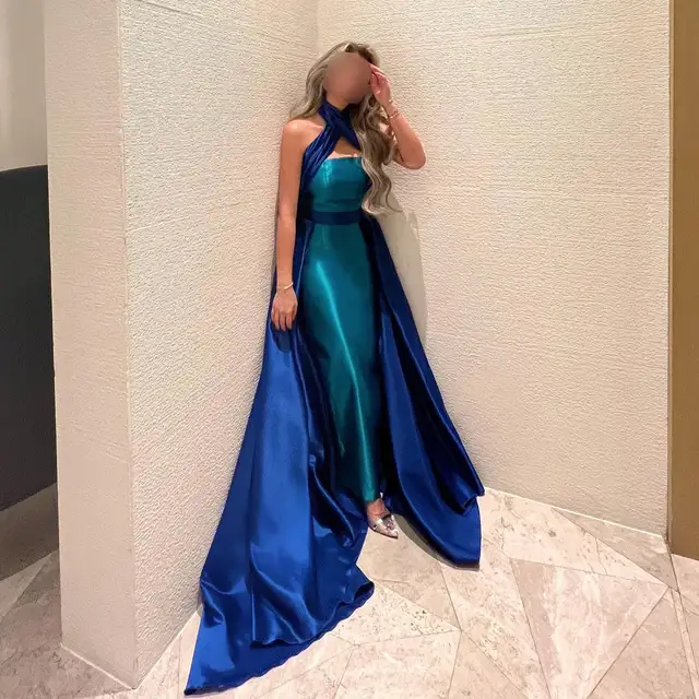 Arabic Royal Blue Contrast Turquoise Evening Dress with Overskirt Criss Cross Halter Women Wedding Party Dress F012 2