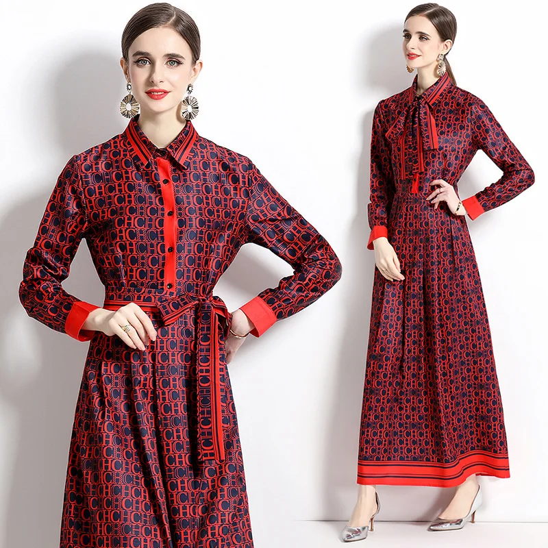 

Runway Designer Summer Elegant For Women Lapel Long Sleeve Collar High Waist Print Colorblock Dresses Holiday Casual Clothing