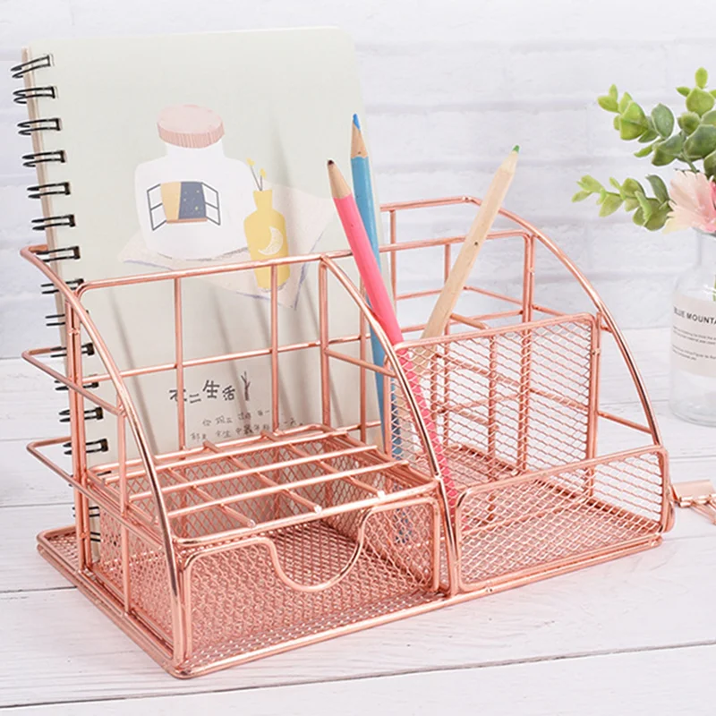 Stationery Organizer Fashion Iron Mesh Desk Pen Holder with Drawer