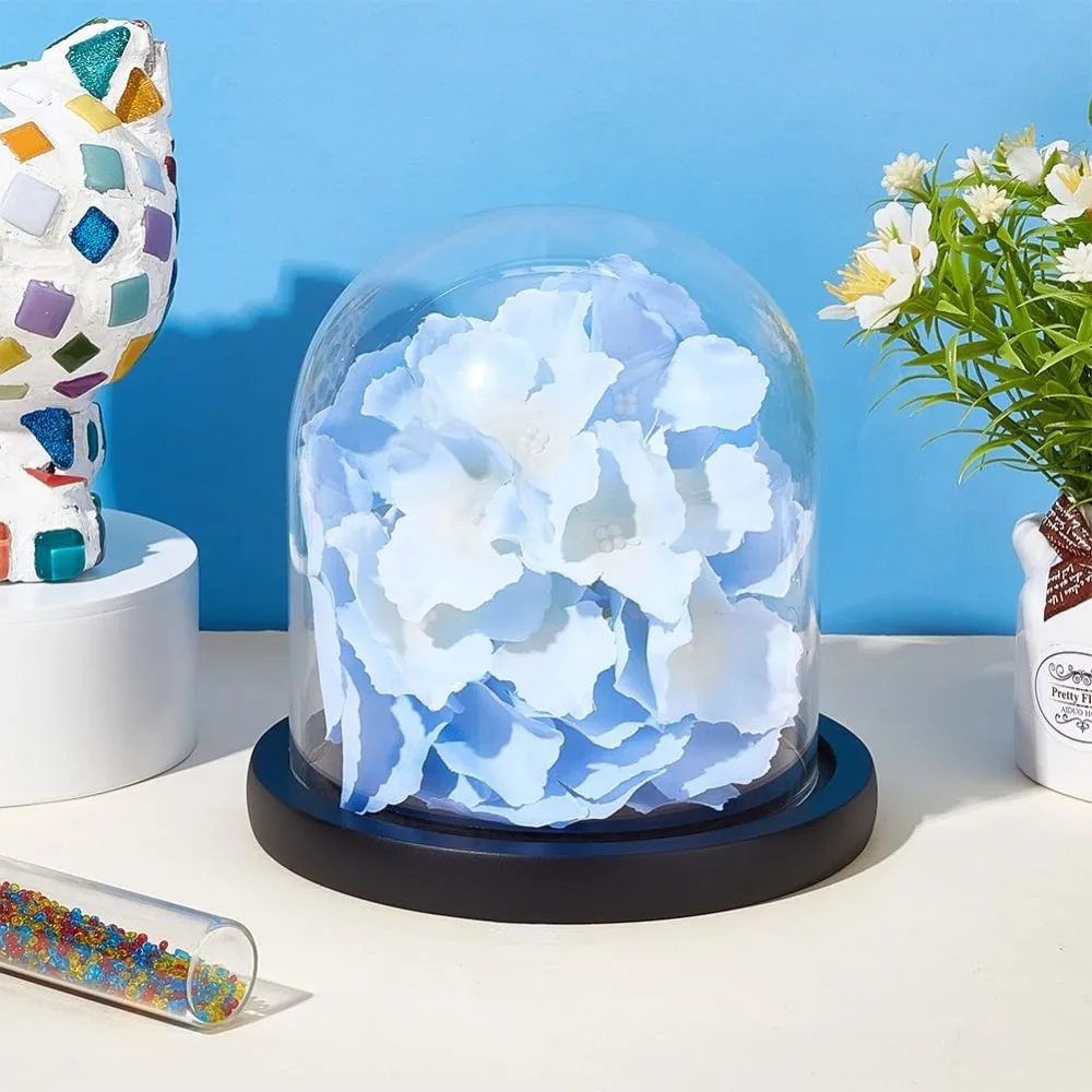 1 Set 5.5x5inch Eternal Transparent Flower Glass Cover Glass Display Dome Cloche Jar with Black Solid Wood Base for DIY Flower