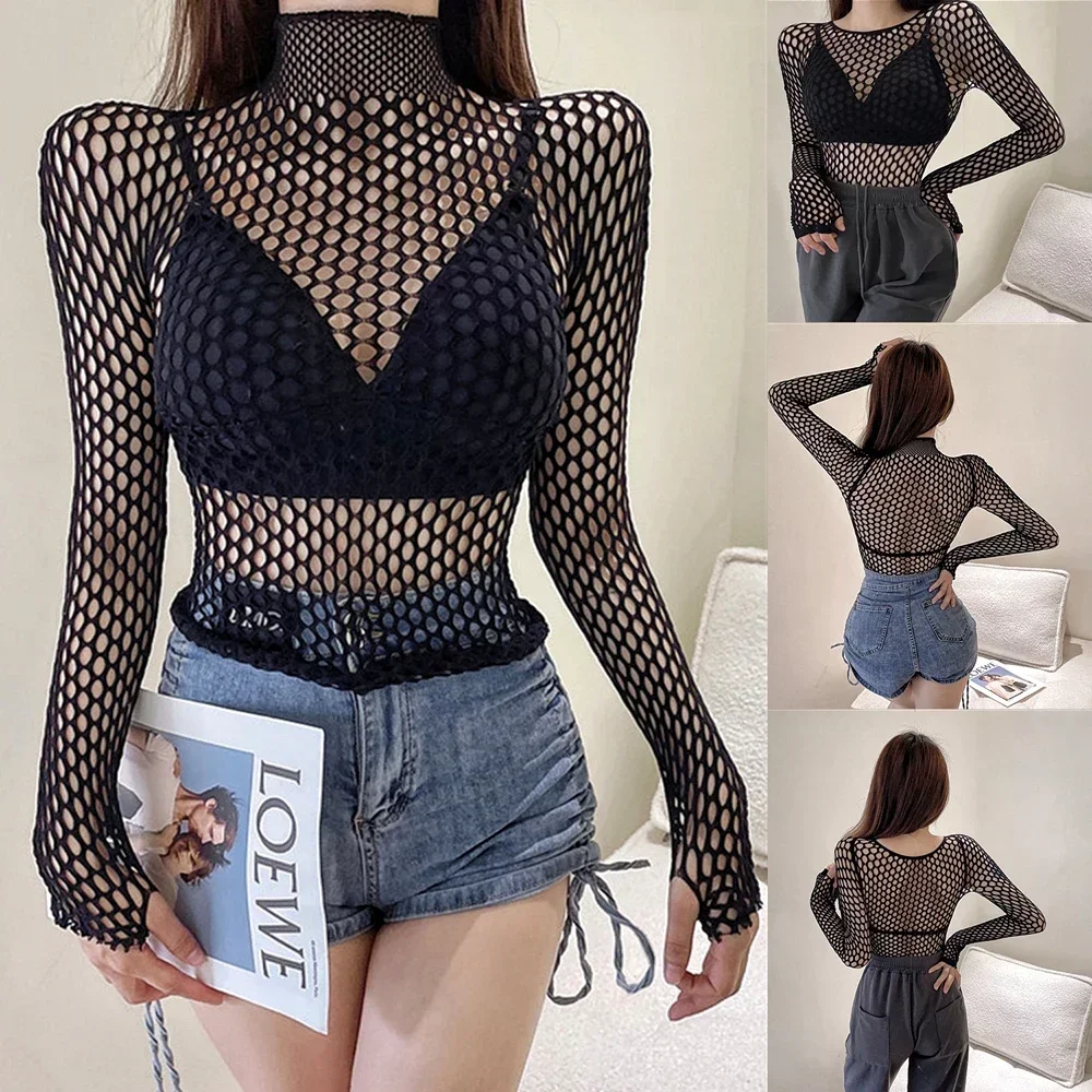 Women's Gothic Fishnet Mesh Long Sleeve Crop Top T-Shirt | See-Through Hollow Out Streetwear | Black Skinny Goth Tee