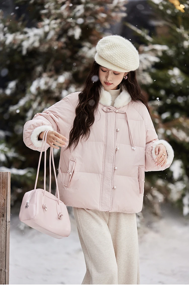 MISHOW Fur Collar Thick Women's Winter Down Jacket Spliced Pearl Single Breasted Pocket Duck Down Coats Office Lady MXD59Y0060