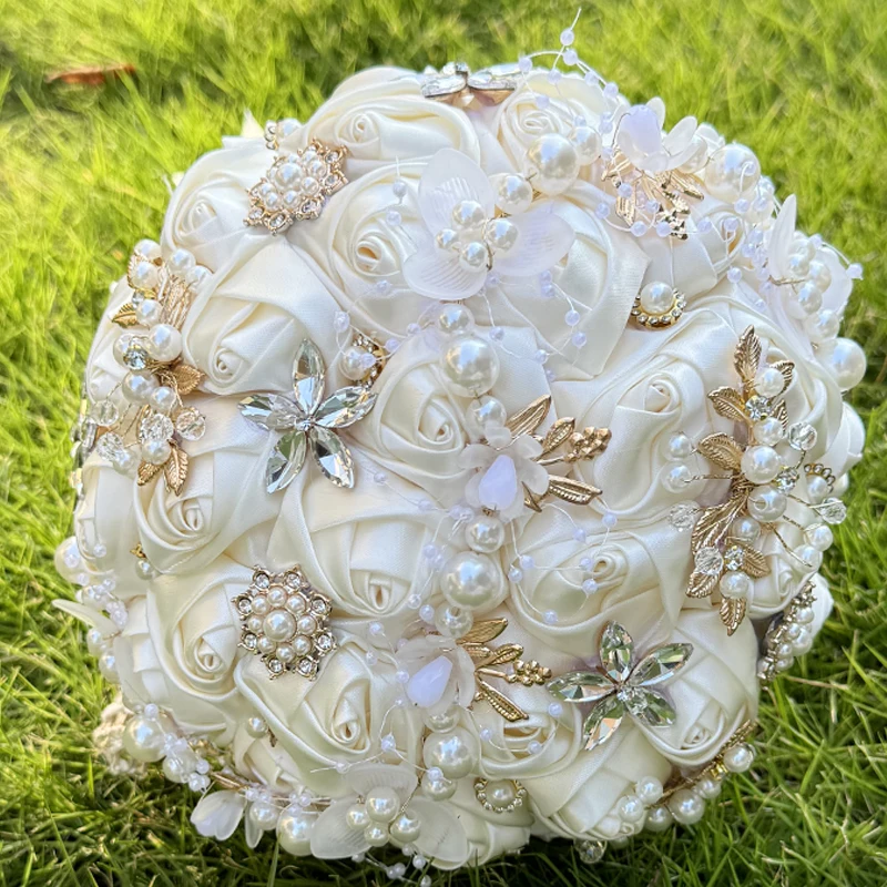 Artificial Silk Rose Wedding Bouquet 1pc for Bride Bridesmaid Bouquet Pearl Rhinestone Valentine's Day Party Decoration Prop