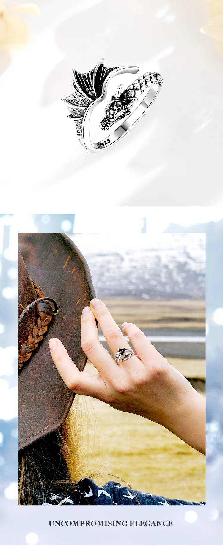 Eudora 925 Sterling Silver Dragon Adjustable Ring for Men Women Vintage Viking Dragon Open Ring Personality Jewelry Fine Gift