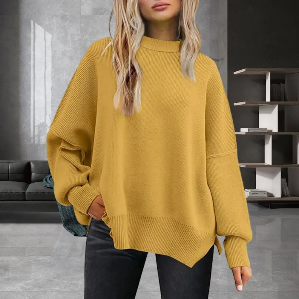 

Solid Color Knitted Sweater Cozy Women's Winter Sweater Soft Warm Stylish Pullover with Split Hem Batwing Sleeves for Women